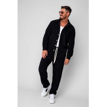 Set Camasa si Pantalon Lung drept din reiat Black 20013 - Negru