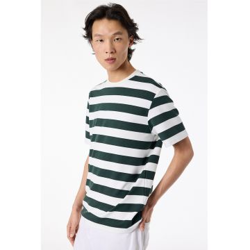 Tricou cu decolteu la baza gatului si dungi - Verde englez/Alb optic