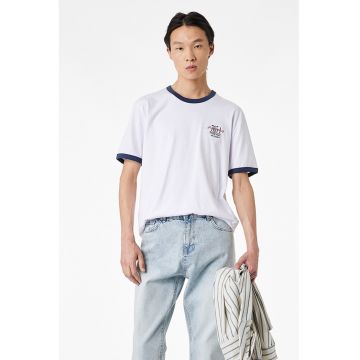 Tricou de bumbac cu decolteu la baza gatului - Alb/Albastru