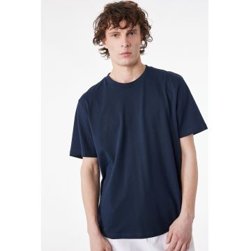 Tricou de bumbac cu decolteu la baza gatului - Bleumarin