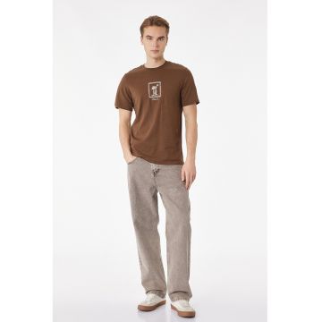 Tricou de bumbac cu decolteu la baza gatului - Caramel