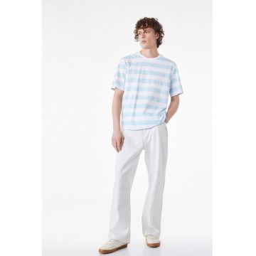 Tricou de bumbac cu dungi - Albastru pastel/Alb optic
