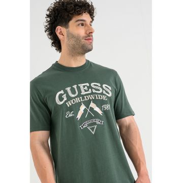 Tricou de bumbac cu logo brodat - Alb/Portocaliu/Verde englez