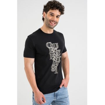 Tricou din amestec de bumbac cu imprimeu logo frontal - Alb/Negru/Bej