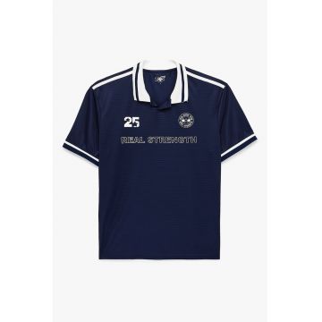 Tricou polo cu croiala relaxed-fit si imprimeu text - Alb murdar/Bleumarin