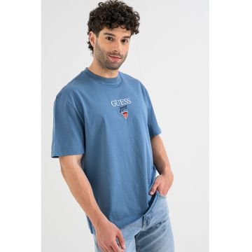 Tricou supradimensionat din bumbac cu broderie logo - Alb/Albastru prafuit