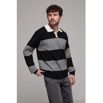 Bluza polo cu dungi - Negru/Gri melange
