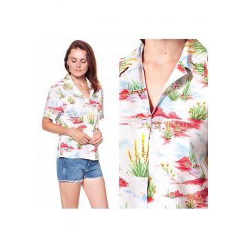 Camasa Dama Maneca Scurta -  CUBAN SHIRT - Croiala Larga Confortabila - Material Racoros 100% Vascoza - Ideala Pentru Vara - Design Relaxat Cu Buzunar - Stil Modern - Inchidere Nasturi - Alb - Alb