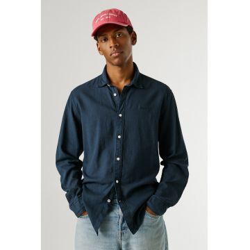 Camasa din amestec de in cu logo discret - Albastru gentian