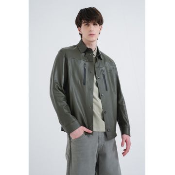 Jacheta de piele cu inchidere cu capsa - Kaki inchis