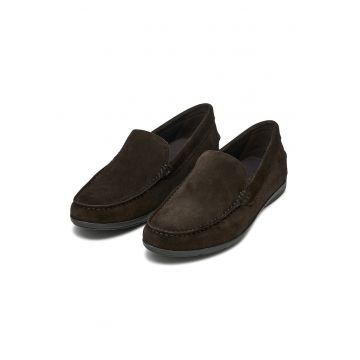 Mocasini din piele intoara cu varf rotund - Maro inchis