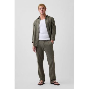 Pantaloni chino uni din amestec de in - Verde feriga