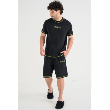 Pijama scurta cu imprimeu logo si benzi contrastante - Negru/Verde lime