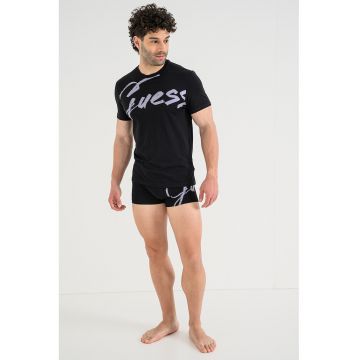 Set de tricou din amestec de bumbac si boxeri cu imprimeu logo - Negru/Liliac prafuit