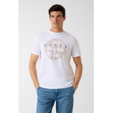 Tricou cu decolteu la baza gatului si imprimeu logo - Alb/Portocaliu persan/Portocaliu pal