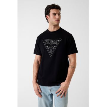 Tricou cu decolteu la baza gatului si logo - Negru/Argintiu