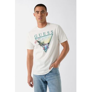 Tricou cu imprimeu grafic si logo - Verde aquamarin/Alb murdar