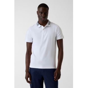 Tricou polo cu croiala slim-fit si guler cu logo - Negru stins/Alb optic