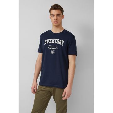 Tricou cu decolteu la baza gatului si imprimeu grafic - Alb - Bleumarin -