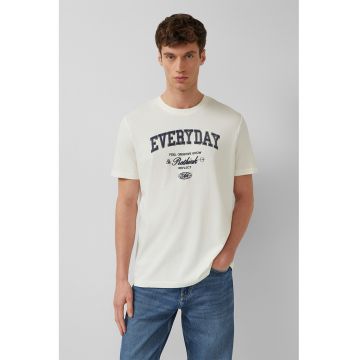 Tricou cu decolteu la baza gatului si imprimeu grafic - Alb fildes - Negru -