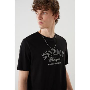 Tricou de bumbac cu imprimeu text - Negru