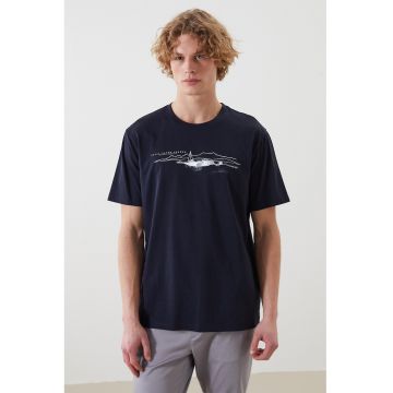 Tricou din bumbac cu decolteu la baza gatului - Alb/Albastru ultramarin