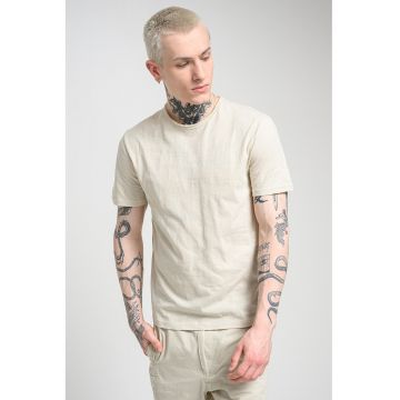 Tricou din bumbac cu decolteu la baza gatului - Bej deschis