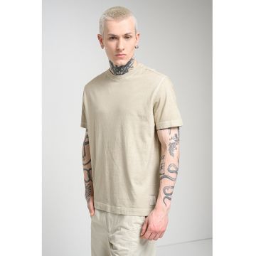 Tricou din bumbac cu decolteu la baza gatului - Bej inchis