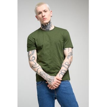 Tricou din bumbac cu decolteu la baza gatului - Verde inchis