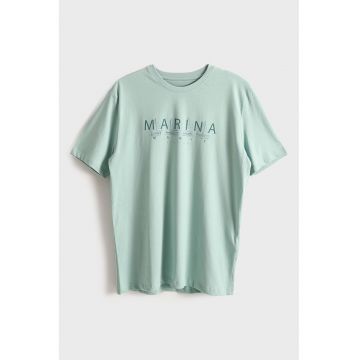 Tricou din bumbac cu imprimeu text - Albastru aquamarin