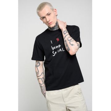 Tricou lejer din bumbac cu imprimeu text - Alb/Negru