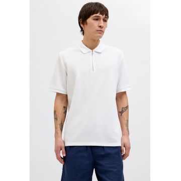 Tricou polo din amestec de bumbac organic cu fenta cu fermoar - Alb