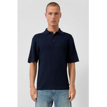 Tricou polo din amestec de in cu striatii - Bleumarin -