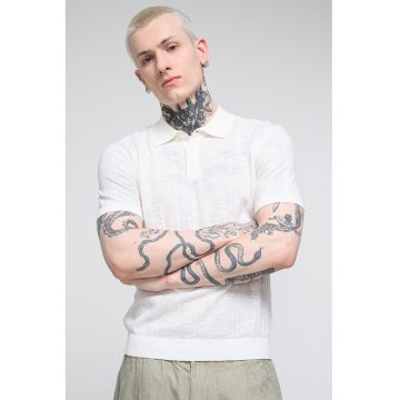 Tricou polo tricotat fin din amestec de in - Alb murdar