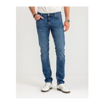 Blugi Barbati -  Oregon Slim - Slim Fit - Talie Medie - Confortabili Si Rezdwqfstenti - Material Elastic - Croiala Clasica - Ideali Pentru Munca Si Zilnic - Fermoar - Bumbac - Elastan - Albastru - Albastru inchis