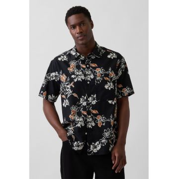 Camasa cu design floral si nasturi - Negru/Portocaliu stins