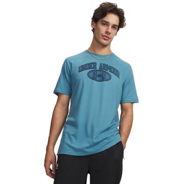 Tricou cu decolteu la baza gatului si imprimeu logo - Albastru pastel