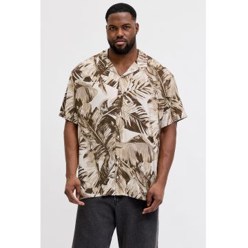 Camasa cu model tropical si maneci scurte - Alb/Maro pamantiu