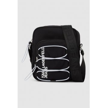 Geanta crossbody cu fermoar si logo - Negru