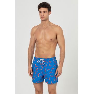 Pantaloni scurti de baie cu buzunare si model - Albastru royal/Rosu vermillion/Verde lime