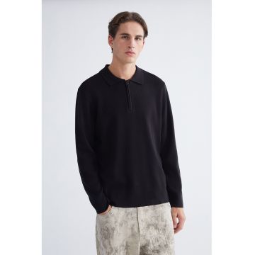 Pulover polo cu fenta cu fermoar - Negru