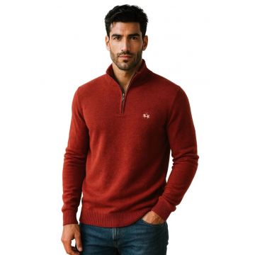 Pulover tricotat fin - cu fenta cu fermoar - Rosu