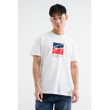 Tricou cu logo si decolteu la baza gatului - Rosu inchis/Alb murdar/Bleumarin