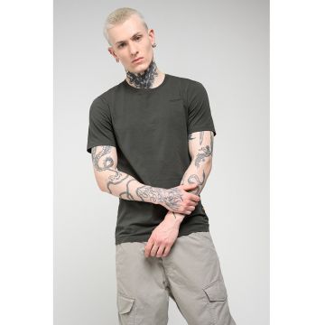 Tricou slim fit de bumbac organic cu decolteu la baza gatului Base - Alb/Verde masliniu