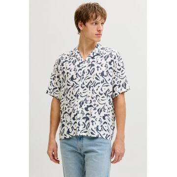 Camasa cu maneci scurte si model - Alb murdar/Bleumarin