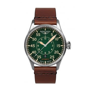 Ceas barbatesc  Bauhaus Aviation 27564 - automat - verde - 42x12mm - curea din piele maro