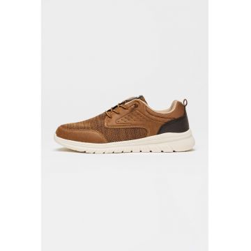 Pantofi sport din piele ecologica si plasa cu sireturi - Gri carbune/Caramel