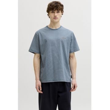 Tricou in dungi cu decolteu la baza gatului - Alb/Albastru prafuit