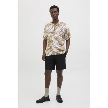 Camasa cu maneci scurte si imprimeu tropical - Alb - Maro deschis -