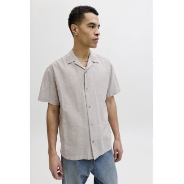 Camasa din amestec de in cu maneci scurte - Gri deschis/Verde feriga